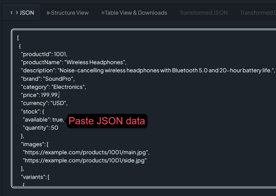 JSON tab with data in JSON Explorer