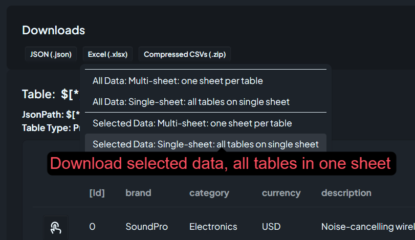 Table View & Downloads tab in JSON Explorer, Excel download menu, Selected data, Single-sheet download
