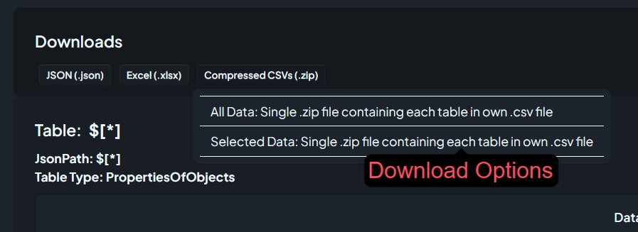 Table View & Downloads tab in JSON Explorer, CSV download menu